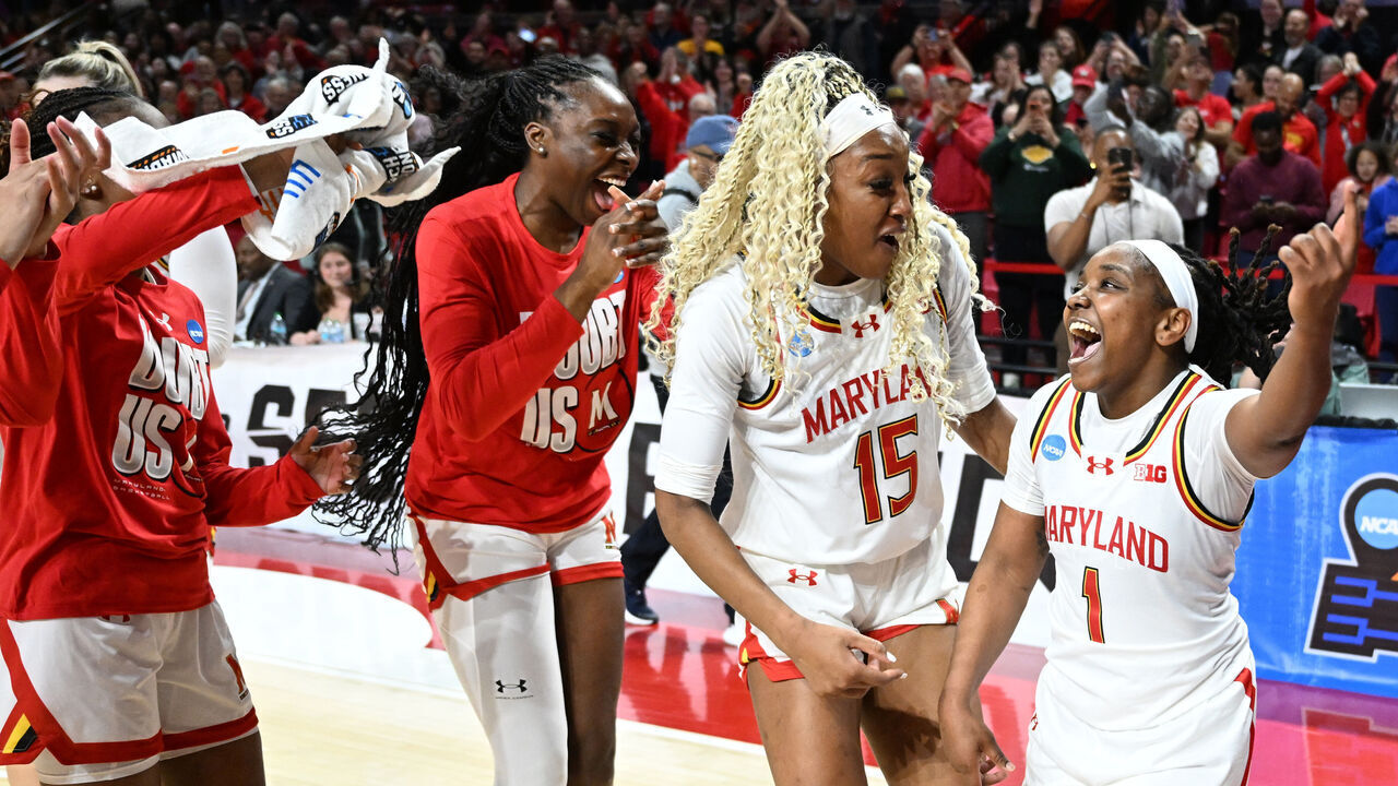 COLLEGE PARK, MARYLAND - MARCH 24: Sarah Te-Biasu #1 of the Maryland Terrapins and Christina Dalce #15 of the Maryland Terrapins celebrate their victory during the Second Round of the 2025 NCAA Women's Basketball Tournament held at Xfinity Center on March 24, 2025 in College Park, Maryland.