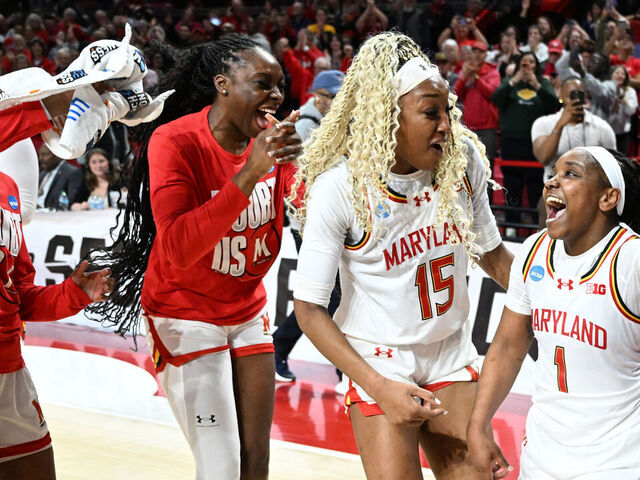 COLLEGE PARK, MARYLAND - MARCH 24: Sarah Te-Biasu #1 of the Maryland Terrapins and Christina Dalce #15 of the Maryland Terrapins celebrate their victory during the Second Round of the 2025 NCAA Women's Basketball Tournament held at Xfinity Center on March 24, 2025 in College Park, Maryland.