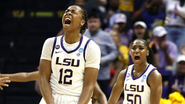 BATON ROUGE, LOUISIANA - MARCH 24: Mikaylah Williams #12 of the LSU Lady Tigers celebrates after scoring a basket in in the seconf half of a game against the Florida State Seminoles during the second round of the 2025 NCAA women's basketball tournament held at Pete Maravich Assembly Center on March 24, 2025 in Baton Rouge, Louisiana.