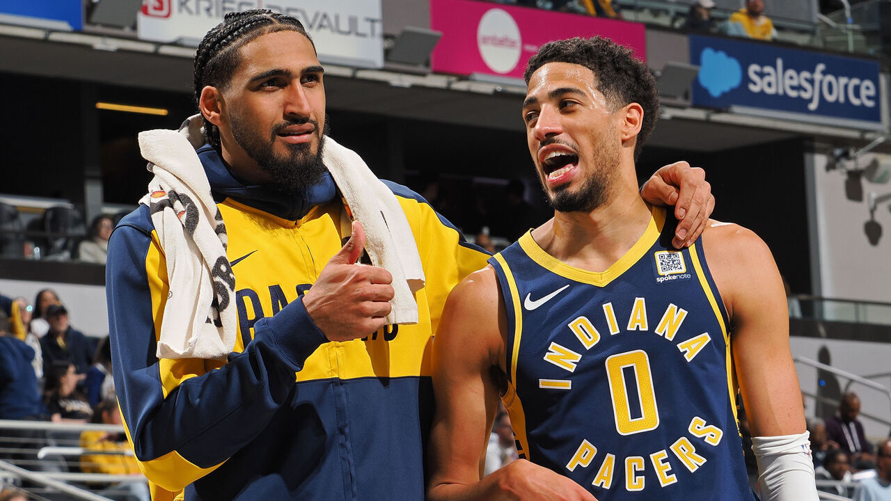 INDIANAPOLIS, IN - MARCH 24: Obi Toppin #1 and Tyrese Haliburton #0 of the Indiana Pacers look on during the game against the Minnesota Timberwolves on March 24, 2025 at Gainbridge Fieldhouse in Indianapolis, Indiana. Mandatory Copyright Notice: Copyright 2025 NBAE