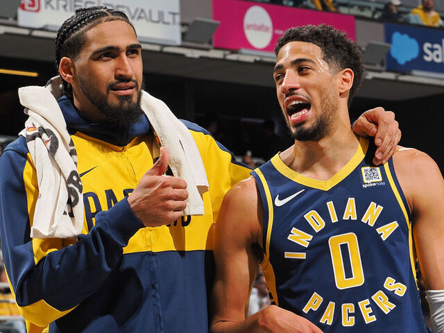 INDIANAPOLIS, IN - MARCH 24: Obi Toppin #1 and Tyrese Haliburton #0 of the Indiana Pacers look on during the game against the Minnesota Timberwolves on March 24, 2025 at Gainbridge Fieldhouse in Indianapolis, Indiana. Mandatory Copyright Notice: Copyright 2025 NBAE