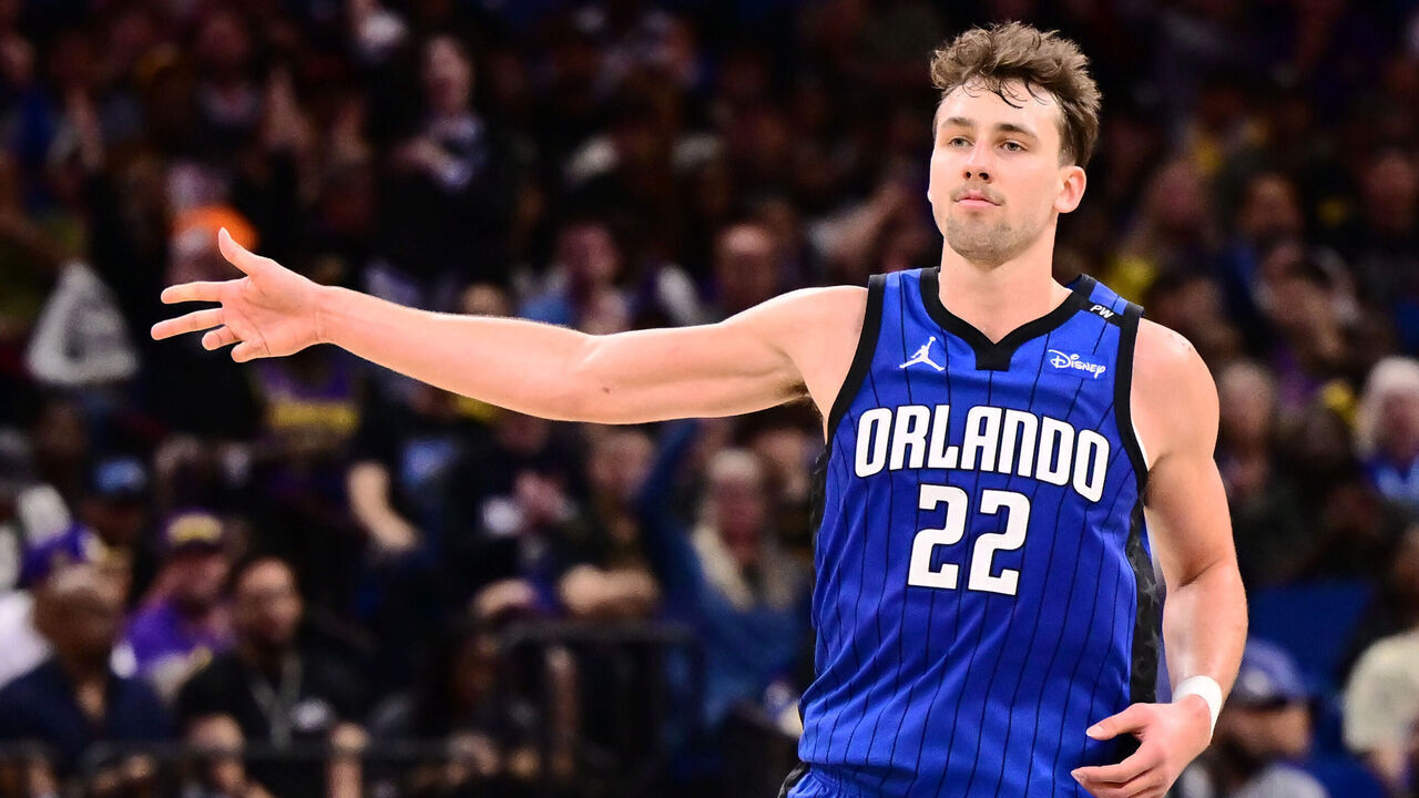 ORLANDO, FLORIDA - MARCH 24: Franz Wagner #22 of the Orlando Magic reacts after scoring a three-point basket in the second half of a game against the Los Angeles Lakers at Kia Center on March 24, 2025 in Orlando, Florida.