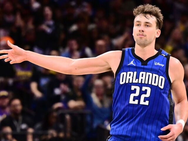 ORLANDO, FLORIDA - MARCH 24: Franz Wagner #22 of the Orlando Magic reacts after scoring a three-point basket in the second half of a game against the Los Angeles Lakers at Kia Center on March 24, 2025 in Orlando, Florida.