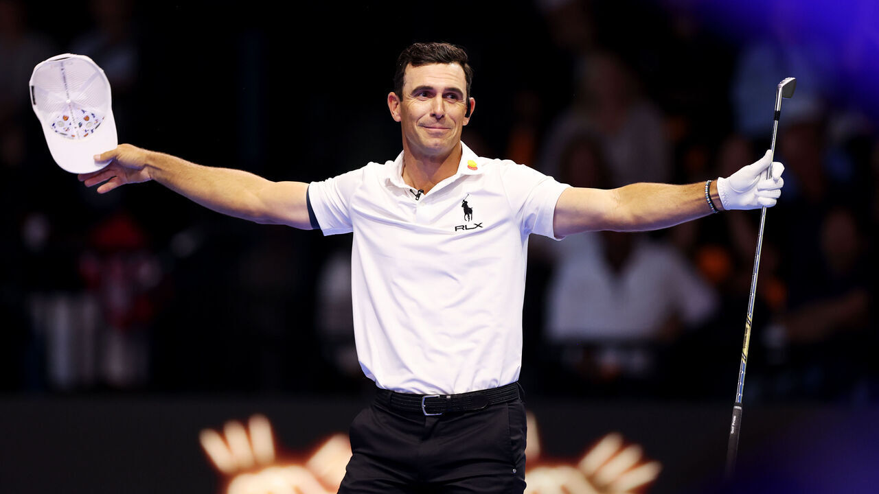 PALM BEACH GARDENS, FLORIDA - MARCH 24: Billy Horschel of Atlanta Drive GC celebrates on the fourth hole during their TGL presented by SoFi match against the New York Golf Club at SoFi Center on March 24, 2025 in Palm Beach Gardens, Florida.