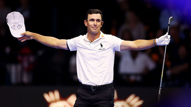 PALM BEACH GARDENS, FLORIDA - MARCH 24: Billy Horschel of Atlanta Drive GC celebrates on the fourth hole during their TGL presented by SoFi match against the New York Golf Club at SoFi Center on March 24, 2025 in Palm Beach Gardens, Florida.