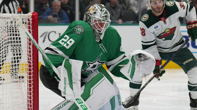 DALLAS, TX - MARCH 24: Jake Oettinger #29 of the Dallas Stars tends goal against the Minnesota Wild at the American Airlines Center on March 24, 2025 in Dallas, Texas.