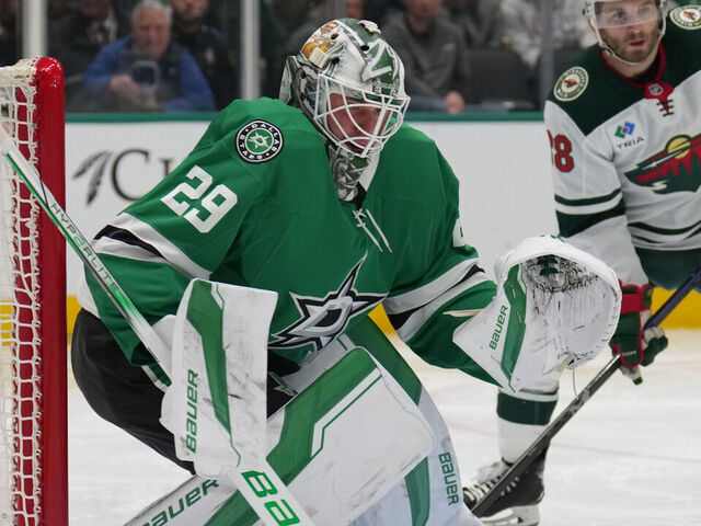 DALLAS, TX - MARCH 24: Jake Oettinger #29 of the Dallas Stars tends goal against the Minnesota Wild at the American Airlines Center on March 24, 2025 in Dallas, Texas.