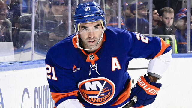ELMONT, NEW YORK - MARCH 24: Kyle Palmieri #21 of the New York Islanders skates with the puck against the Columbus Blue Jackets during a game at UBS Arena on March 24, 2025 in Elmont, New York.