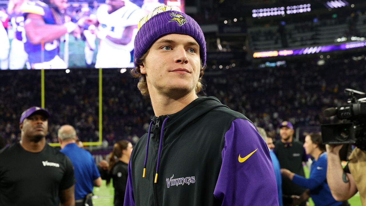 MINNEAPOLIS, MINNESOTA - NOVEMBER 03: J.J. McCarthy #9 of the Minnesota Vikings looks on after the game against the Indianapolis Colts at U.S. Bank Stadium on November 03, 2024 in Minneapolis, Minnesota. The Vikings defeated the Colts 21-13.