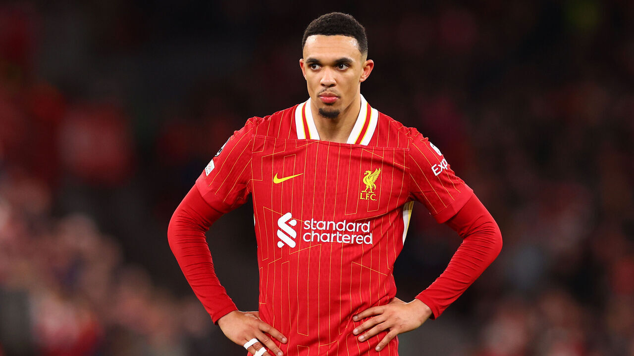LIVERPOOL, ENGLAND - MARCH 11: Trent Alexander-Arnold of Liverpool looks on during the UEFA Champions League 2024/25 UEFA Champions League 2024/25 Round of 16 Second Leg match between Liverpool FC and Paris Saint-Germain at Anfield on March 11, 2025 in Liverpool, England.