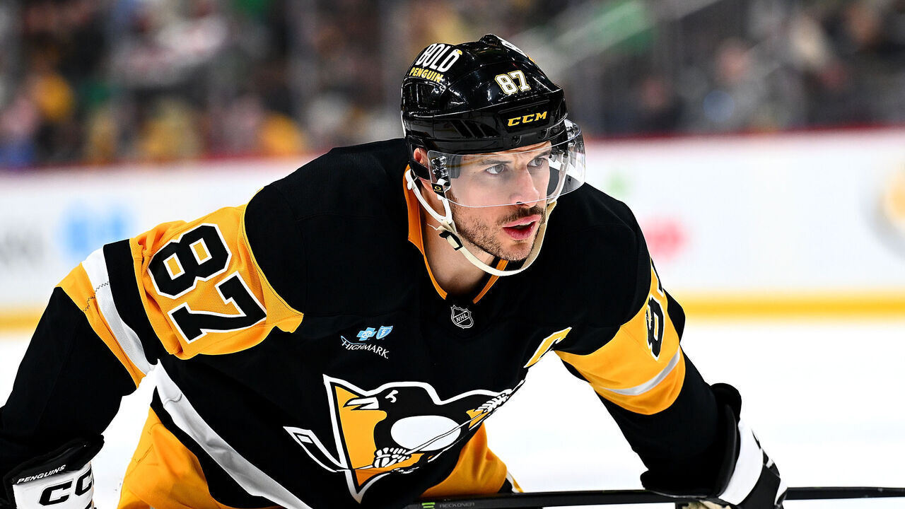 PITTSBURGH, PA - MARCH 15: Sidney Crosby #87 of the Pittsburgh Penguins skates during the game against the New Jersey Devils at PPG PAINTS Arena on March 15, 2025 in Pittsburgh, Pennsylvania.