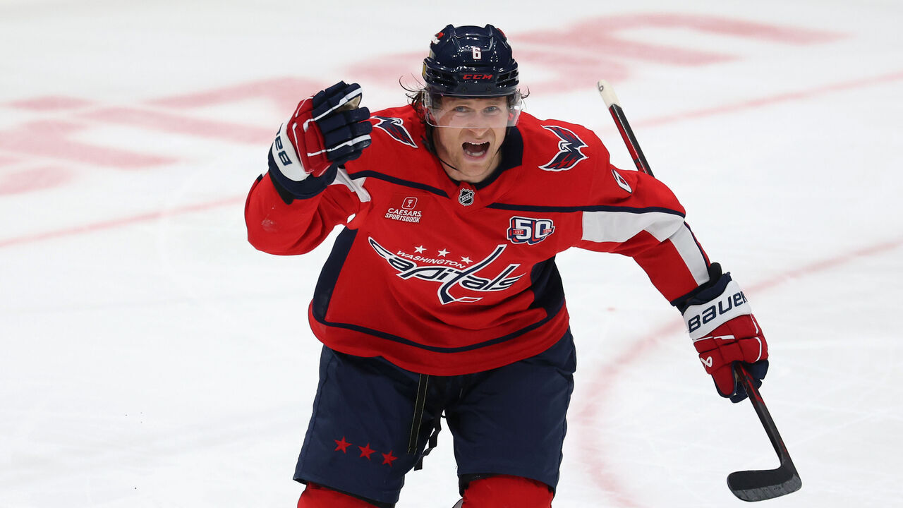 WASHINGTON, DC - MARCH 22: Jakob Chychrun #6 of the Washington Capitals skates off the ice injured against the Florida Panthers during the first period at Capital One Arena on March 22, 2025 in Washington, DC.