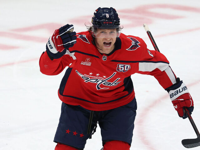 WASHINGTON, DC - MARCH 22: Jakob Chychrun #6 of the Washington Capitals skates off the ice injured against the Florida Panthers during the first period at Capital One Arena on March 22, 2025 in Washington, DC.