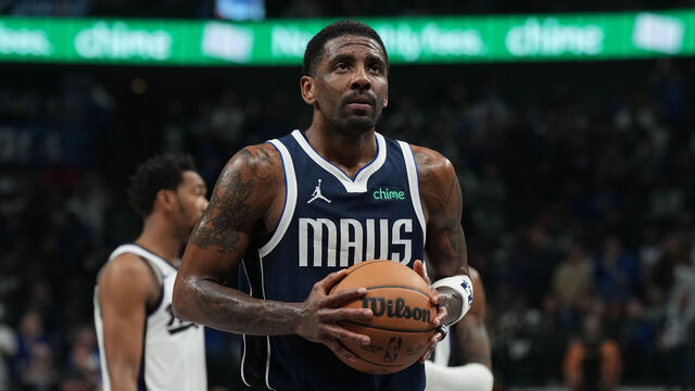 DALLAS, TX - MARCH 3: Kyrie Irving #11 of the Dallas Mavericks free throw during the game against the Sacramento Kings on March 3, 2025 at American Airlines Center in Dallas, Texas. Mandatory Copyright Notice: Copyright 2025 NBAE