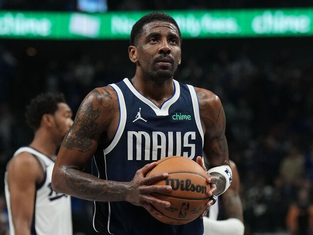 DALLAS, TX - MARCH 3: Kyrie Irving #11 of the Dallas Mavericks free throw during the game against the Sacramento Kings on March 3, 2025 at American Airlines Center in Dallas, Texas. Mandatory Copyright Notice: Copyright 2025 NBAE