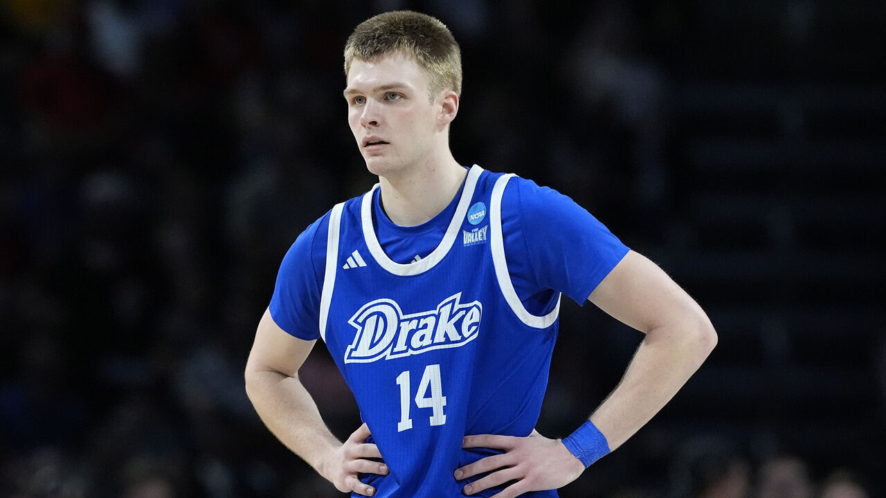 WICHITA, KANSAS - MARCH 22: Bennett Stirtz #14 of the Drake Bulldogs looks on during the second half against the Texas Tech Red Raiders in the second round of the NCAA Men's Basketball Tournament at INTRUST Arena on March 22, 2025 in Wichita, Kansas.