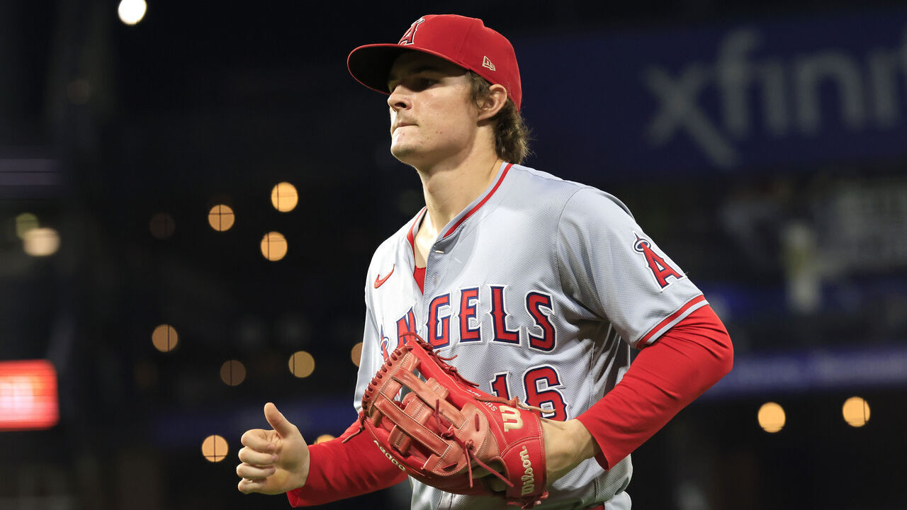 CHICAGO, ILLINOIS - SEPTEMBER 24: Mickey Moniak #16 of the Los Angeles Angels walks to the dugout against the Chicago White Sox at Guaranteed Rate Field on September 24, 2024 in Chicago, Illinois.