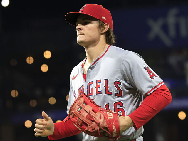 CHICAGO, ILLINOIS - SEPTEMBER 24: Mickey Moniak #16 of the Los Angeles Angels walks to the dugout against the Chicago White Sox at Guaranteed Rate Field on September 24, 2024 in Chicago, Illinois.