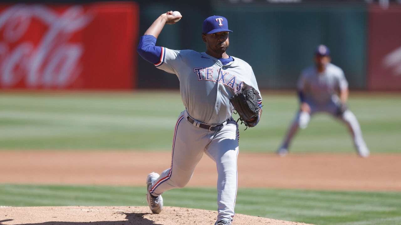 OAKLAND, CA - SEPTEMBER 26: Kumar Rocker #80 of the Texas Rangers pitches during the game between the Texas Rangers and the Oakland Athletics at RingCentral Coliseum on Thursday, September 26, 2024 in Oakland, California.