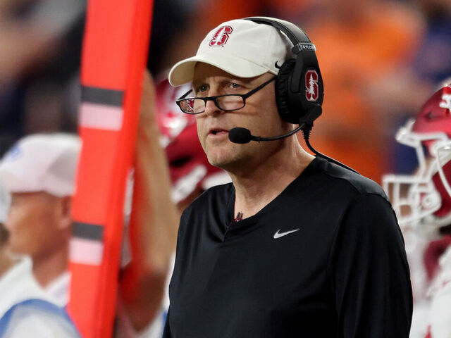 SYRACUSE, NEW YORK - SEPTEMBER 20: Head Coach Troy Taylor of the Stanford Cardinal looks on during the second quarter against the Syracuse Orange at JMA Wireless Dome on September 20, 2024 in Syracuse, New York.