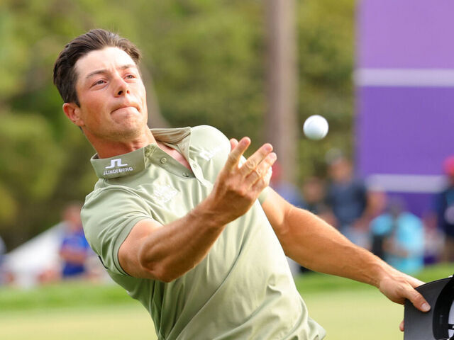 PALM HARBOR, FLORIDA - MARCH 23: Viktor Hovland of Norway reacts on the 18th green during the final round of the Valspar Championship 2025 at Innisbrook Resort and Golf Club on March 23, 2025 in Palm Harbor, Florida.