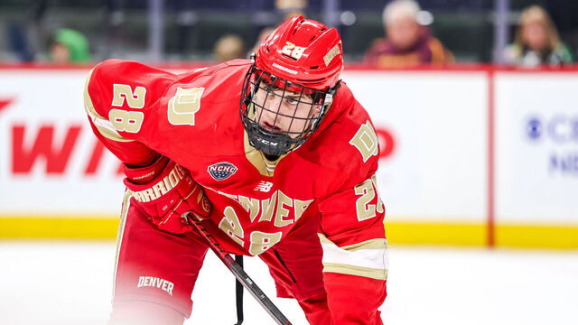 Zeev Buium #28 of the Denver Pioneers looks on during a semifinals hockey game between Denver and Arizona State during the 2025 NCHC Frozen Faceoff at Xcel Energy Center in St. Paul, Minnesota, on March 21, 2025.