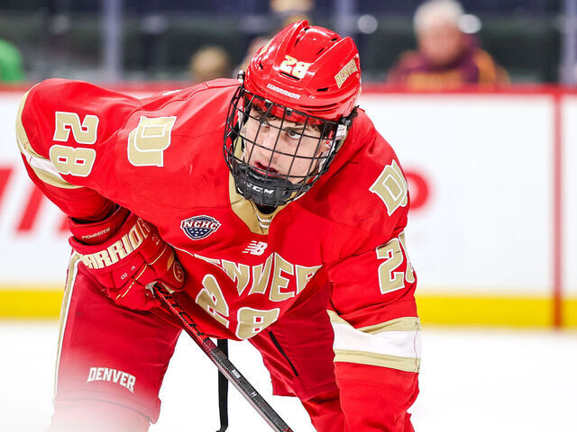 Zeev Buium #28 of the Denver Pioneers looks on during a semifinals hockey game between Denver and Arizona State during the 2025 NCHC Frozen Faceoff at Xcel Energy Center in St. Paul, Minnesota, on March 21, 2025.