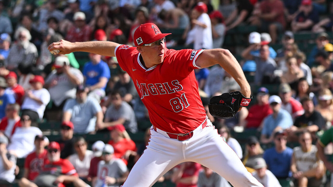 TEMPE, AZ - MARCH 01: Ryan Johnson #81 of the Los Angeles Angels pitches during the game against the Athletics at Tempe Diablo Stadium on Saturday, March 1, 2025 in Tempe, Arizona.