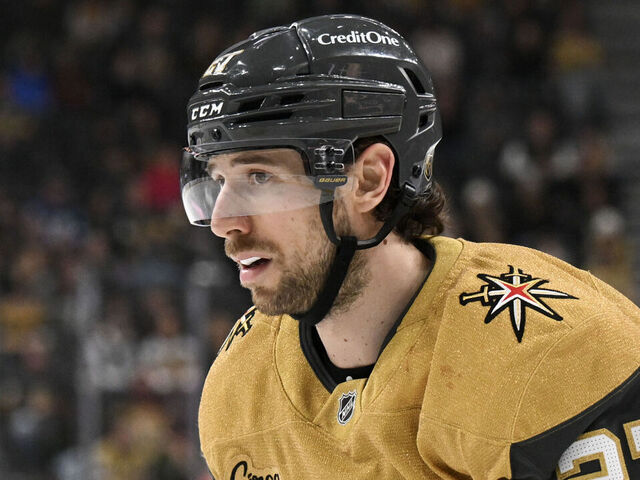 LAS VEGAS, NEVADA - JANUARY 26: Shea Theodore #27 of the Vegas Golden Knights looks down the ice against the Florida Panthers in the third period of their game at T-Mobile Arena on January 26, 2025 in Las Vegas, Nevada. The Golden Knights defeated the Panthers 4-1.