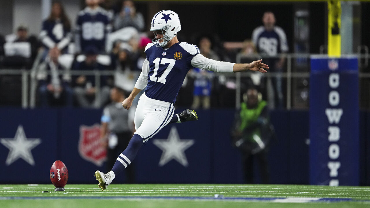 ARLINGTON, TX - NOVEMBER 28: Brandon Aubrey #17 of the Dallas Cowboys kicks off during an NFL football game against the New York Giants at AT&T Stadium on November 28, 2024 in Arlington, Texas.