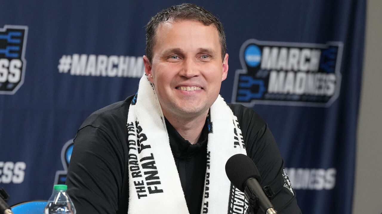 PROVIDENCE, RHODE ISLAND - MARCH 20: Head coach Will Wade of the McNeese State Cowboys addresses the media after a first-round game against the Clemson Tigers in the NCAA Men's Basketball Tournament at Amica Mutual Pavillion on March 20, 2025 in Providence, Rhode Island.
