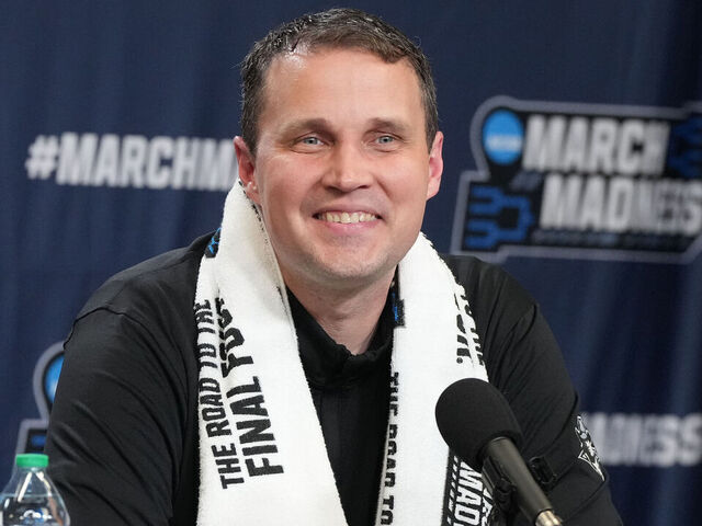PROVIDENCE, RHODE ISLAND - MARCH 20: Head coach Will Wade of the McNeese State Cowboys addresses the media after a first-round game against the Clemson Tigers in the NCAA Men's Basketball Tournament at Amica Mutual Pavillion on March 20, 2025 in Providence, Rhode Island.