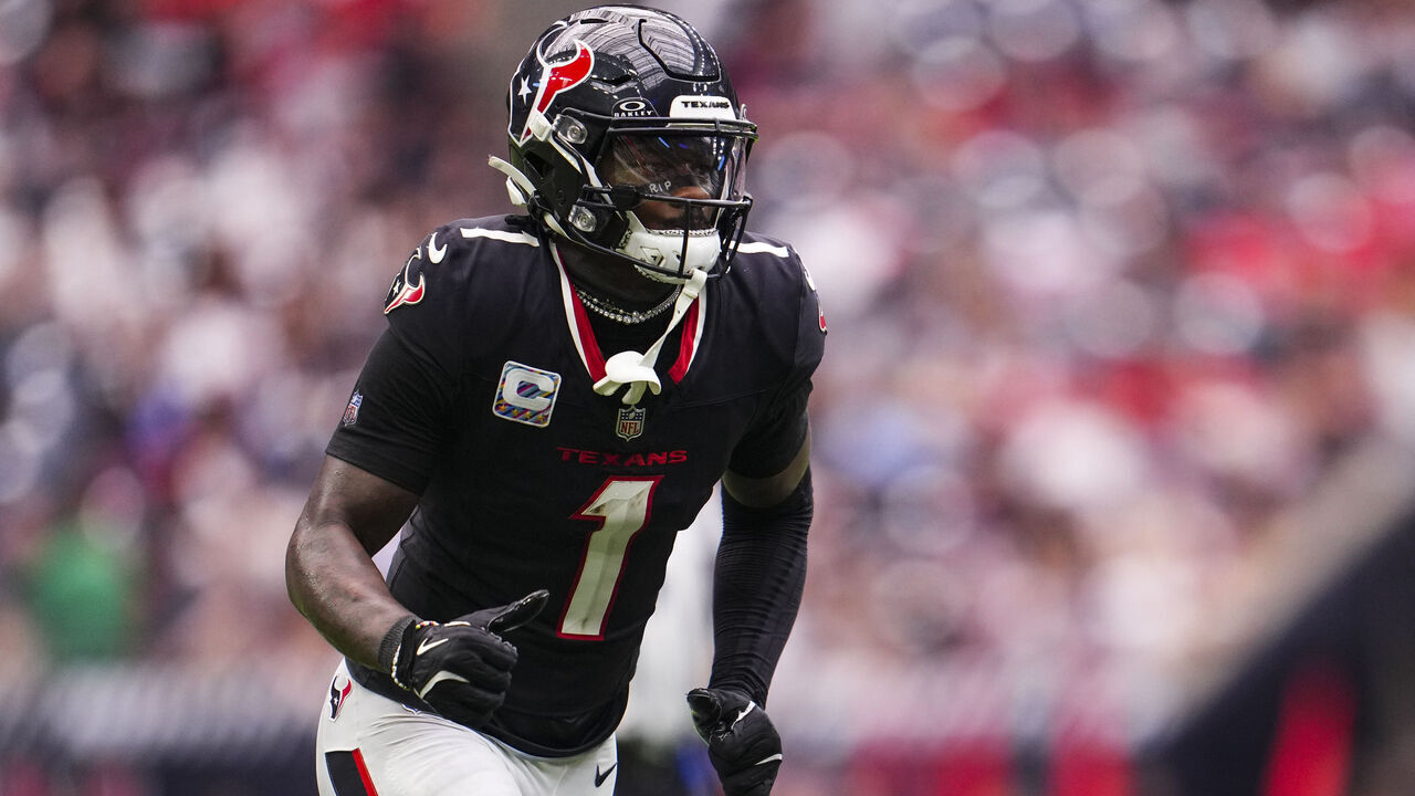 HOUSTON, TX - SEPTEMBER 29: Stefon Diggs #1 of the Houston Texans runs a route during an NFL football game against the Jacksonville Jaguars at NRG Stadium on September 29, 2024 in Houston, Texas.