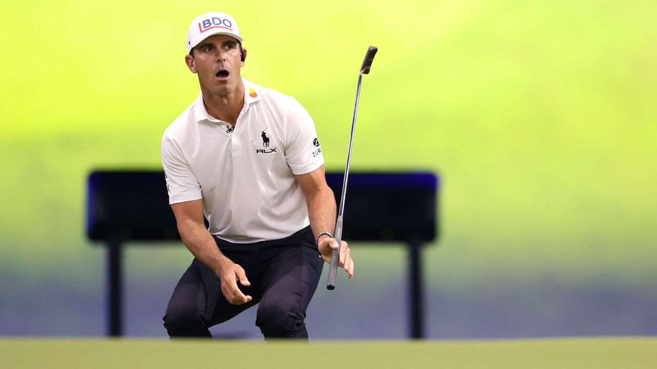 PALM BEACH GARDENS, FLORIDA - MARCH 25: Billy Horschel of Atlanta Drive GC reacts on the sixth green during their TGL presented by SoFi match against the New York Golf Club at SoFi Center on March 25, 2025 in Palm Beach Gardens, Florida.