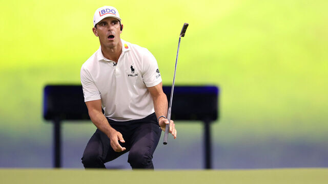 PALM BEACH GARDENS, FLORIDA - MARCH 25: Billy Horschel of Atlanta Drive GC reacts on the sixth green during their TGL presented by SoFi match against the New York Golf Club at SoFi Center on March 25, 2025 in Palm Beach Gardens, Florida.