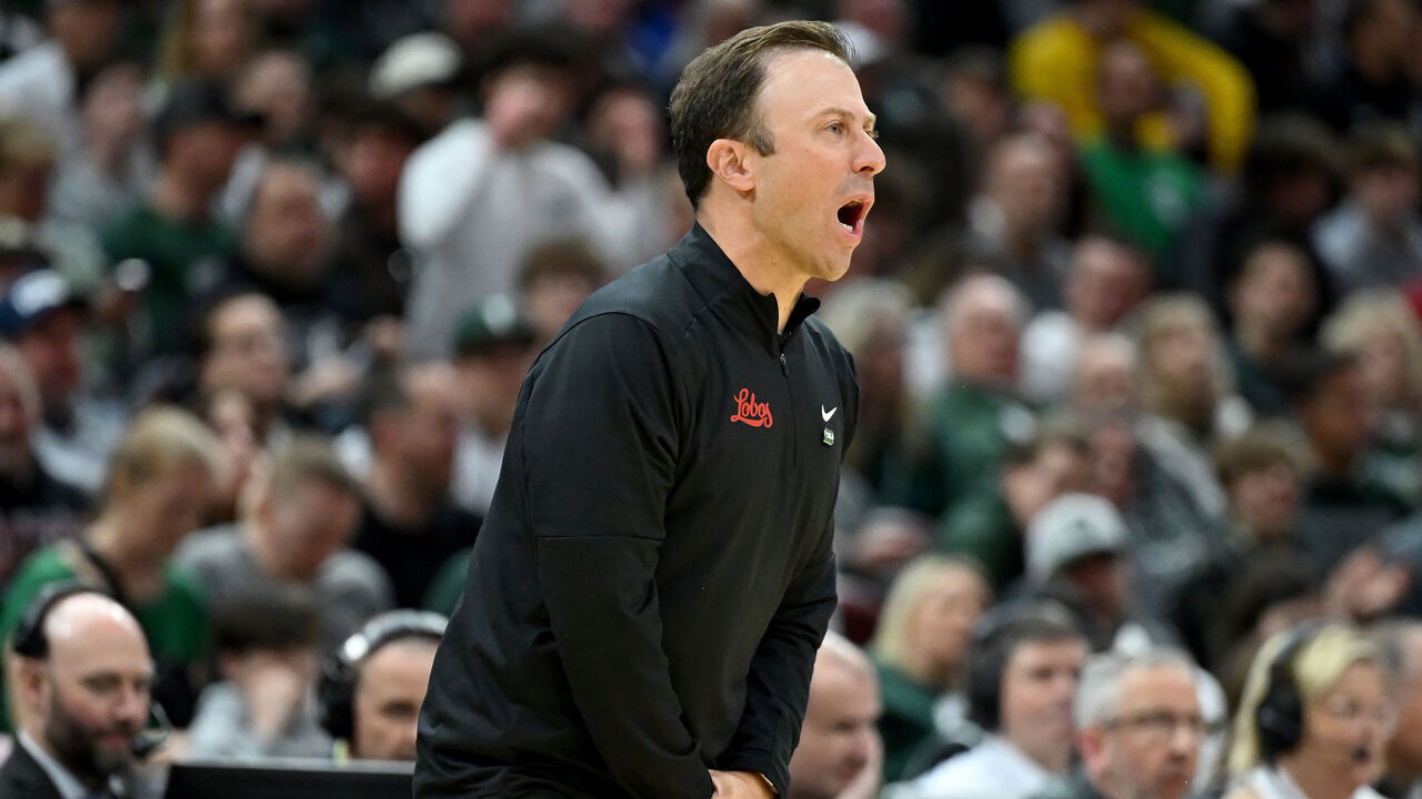 CLEVELAND, OHIO - MARCH 23: Head coach Richard Pitino of the New Mexico Lobos reacts against the Michigan State Spartans during the first half in the second round of the NCAA Men's Basketball Tournament at Rocket Mortgage Fieldhouse on March 23, 2025 in Cleveland, Ohio.