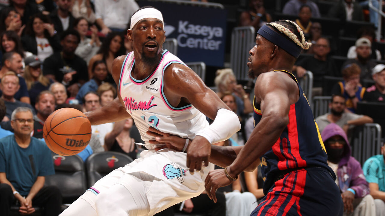 MIAMI, FL - MARCH 25: Bam Adebayo #13 of the Miami Heat handles the ball during the game against the Golden State Warriors on March 25, 2025 at Kaseya Center in Miami, Florida. Mandatory Copyright Notice: Copyright 2025 NBAE