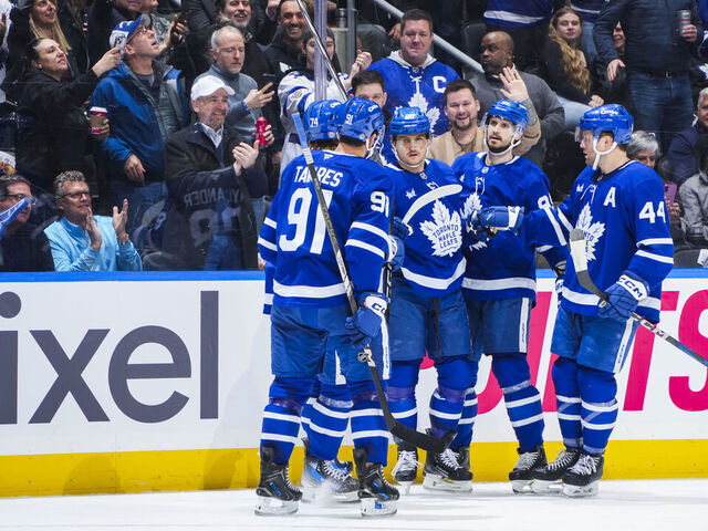 TORONTO, ON - MARCH 25: William Nylander #88 of the Toronto Maple Leafs celebrates scoring a goal against the Philadelphia Flyers with his teammates during the second period at the Scotiabank Arena on March 25, 2025 in Toronto, Ontario, Canada.