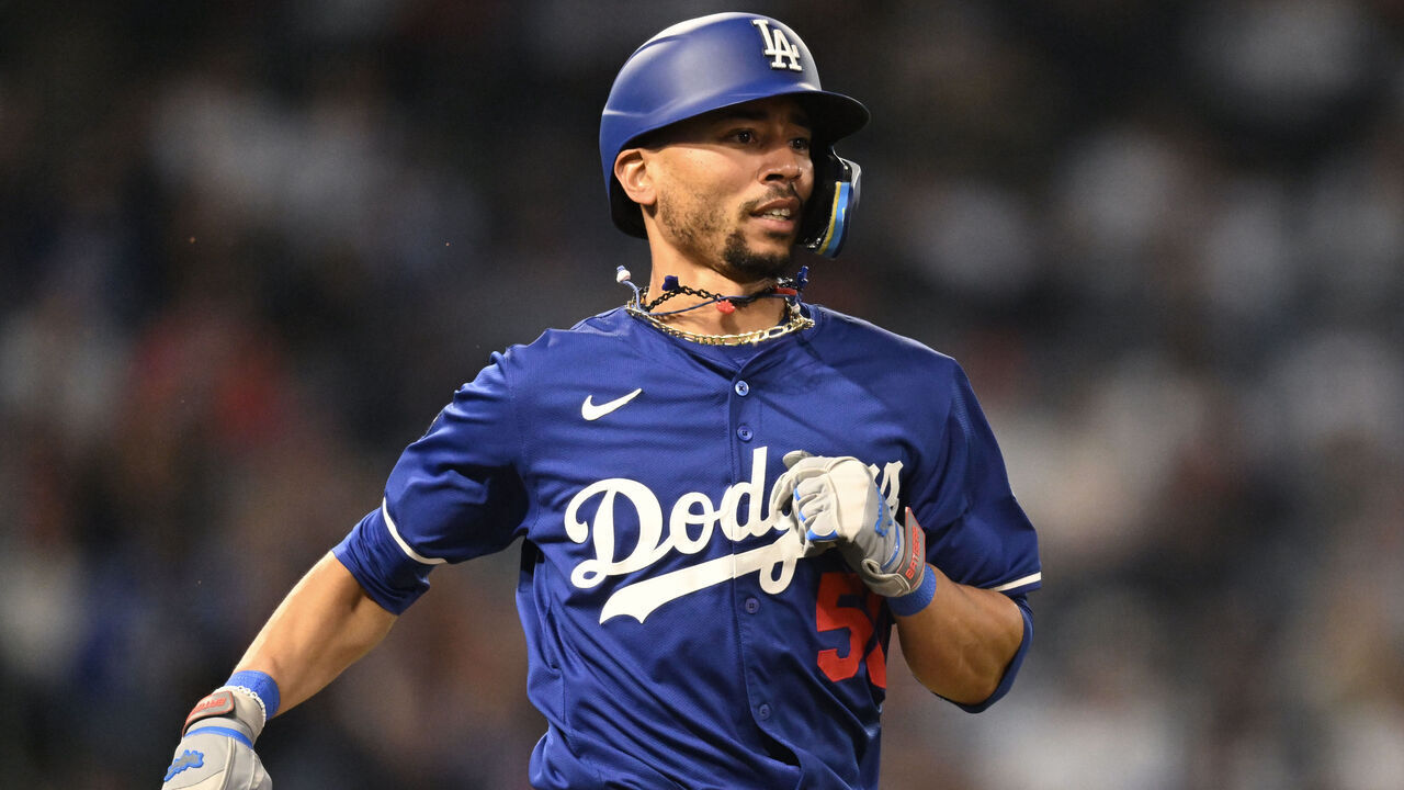 ANAHEIM, CALIFORNIA - MARCH 25: Mookie Betts #50 of the Los Angeles Dodgers grounds out in the sixth inning against the Los Angeles Angels in a spring training game at Angel Stadium of Anaheim on March 25, 2025 in Anaheim, California.