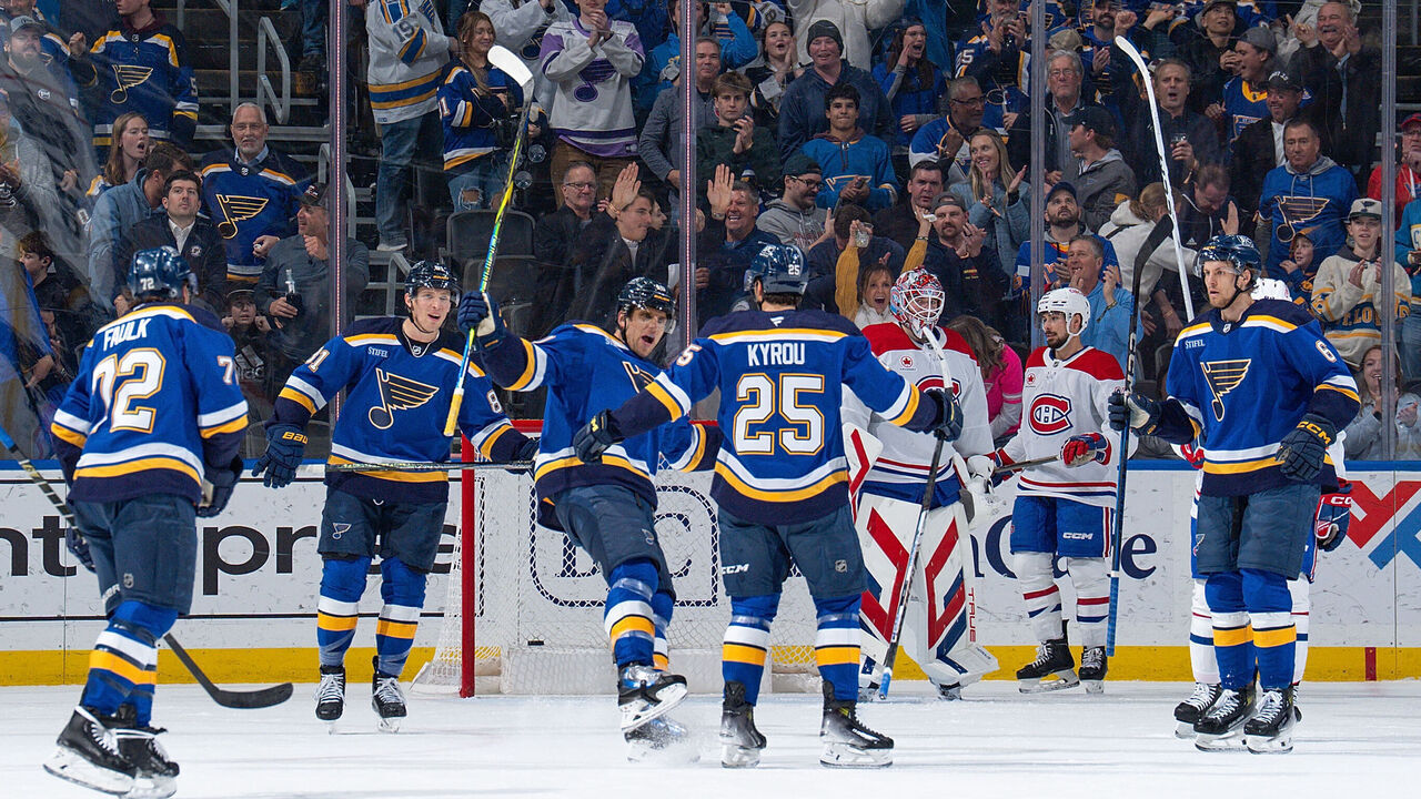 ST. LOUIS, MO - MARCH 25: Jordan Kyrou #25 of the St. Louis Blues is congratulated after scoring a goal against the Montreal Canadiens on March 25, 2025 at the Enterprise Center in St. Louis, Missouri.