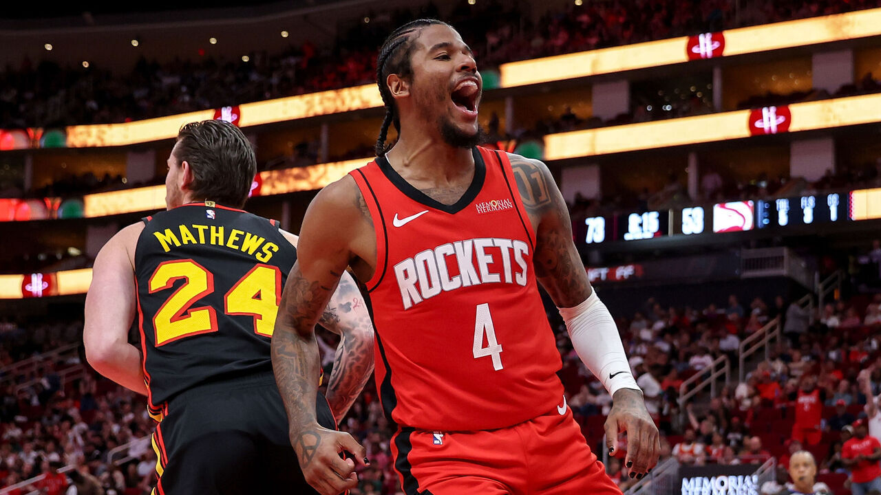 HOUSTON, TEXAS - MARCH 25: Jalen Green #4 of the Houston Rockets reacts after scoring in the second half against the Atlanta Hawks at Toyota Center on March 25, 2025 in Houston, Texas. NOTE TO USER: User expressly acknowledges and agrees that, by downloading and/or using this photograph, user is consenting to the terms and conditions of the Getty Images License Agreement.