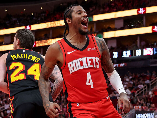 HOUSTON, TEXAS - MARCH 25: Jalen Green #4 of the Houston Rockets reacts after scoring in the second half against the Atlanta Hawks at Toyota Center on March 25, 2025 in Houston, Texas. NOTE TO USER: User expressly acknowledges and agrees that, by downloading and/or using this photograph, user is consenting to the terms and conditions of the Getty Images License Agreement.