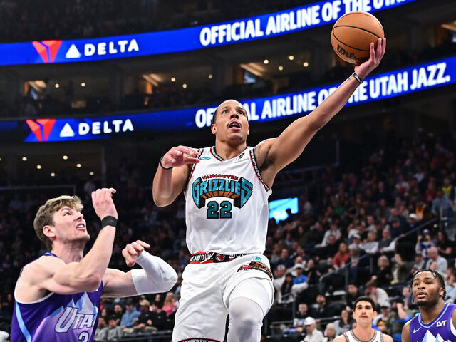 SALT LAKE CITY, UT - MARCH 25: Desmond Bane #22 of the Memphis Grizzlies drives to the basket during the game against the Utah Jazz on March 25, 2025 at Delta Center in Salt Lake City, Utah. Mandatory Copyright Notice: Copyright 2025 NBAE