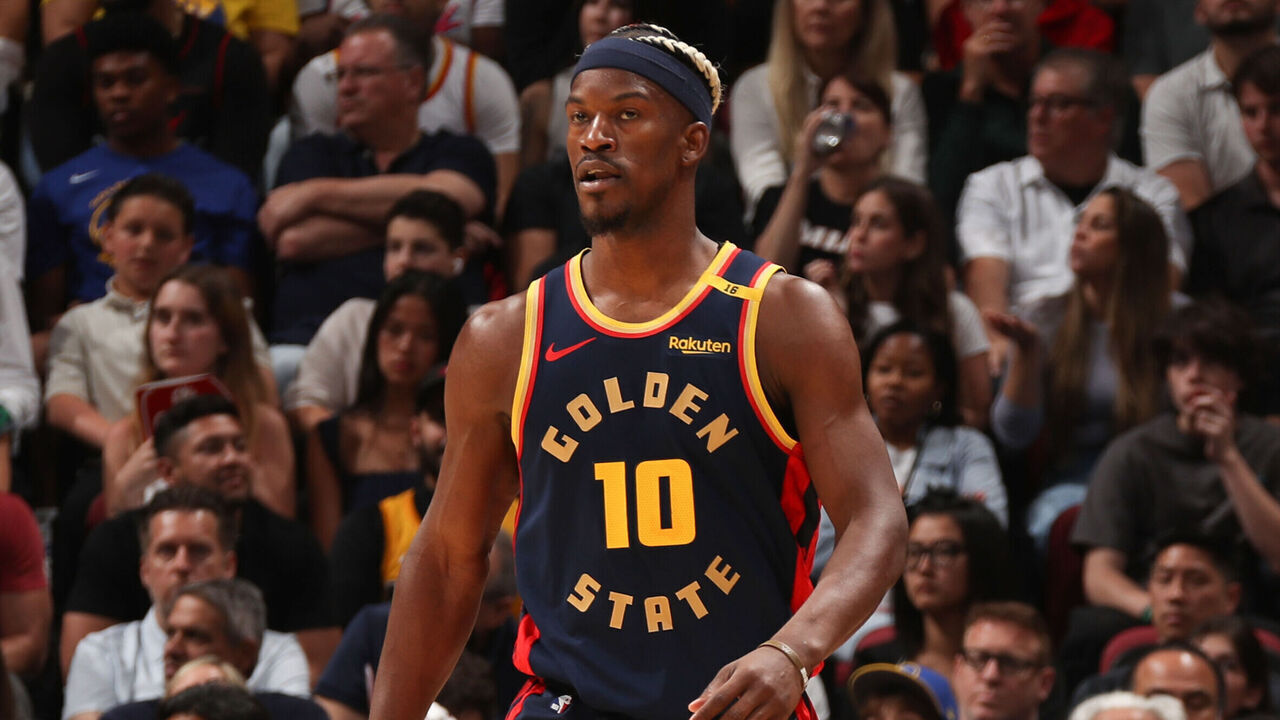 MIAMI, FL - MARCH 25: Jimmy Butler #10 of the Golden State Warriors looks on during the game against the Miami Heat on March 25, 2025 at Kaseya Center in Miami, Florida. Mandatory Copyright Notice: Copyright 2025 NBAE