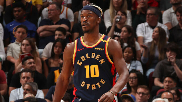 MIAMI, FL - MARCH 25: Jimmy Butler #10 of the Golden State Warriors looks on during the game against the Miami Heat on March 25, 2025 at Kaseya Center in Miami, Florida. Mandatory Copyright Notice: Copyright 2025 NBAE