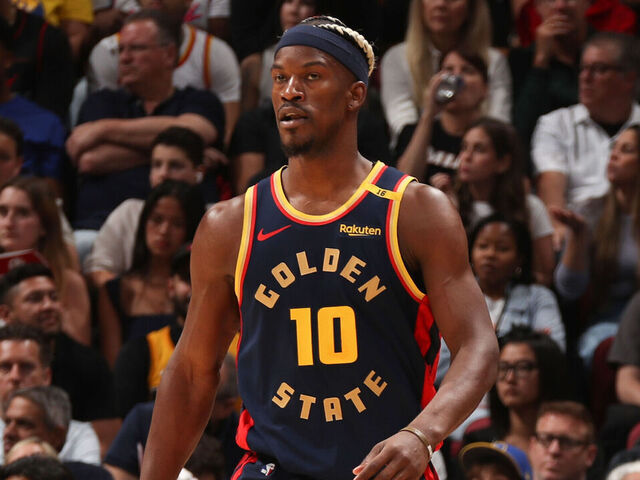 MIAMI, FL - MARCH 25: Jimmy Butler #10 of the Golden State Warriors looks on during the game against the Miami Heat on March 25, 2025 at Kaseya Center in Miami, Florida. Mandatory Copyright Notice: Copyright 2025 NBAE