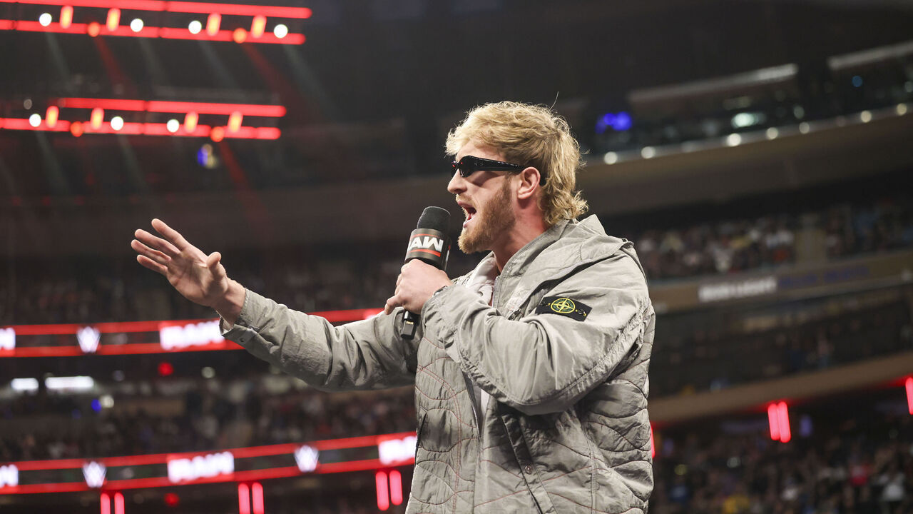 NEW YORK, NEW YORK - MARCH 10: Logan Paul addresses the audience During Monday night RAW at Madison Square Garden on March 10, 2025 in New York City.