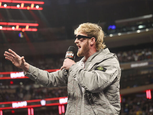 NEW YORK, NEW YORK - MARCH 10: Logan Paul addresses the audience During Monday night RAW at Madison Square Garden on March 10, 2025 in New York City.