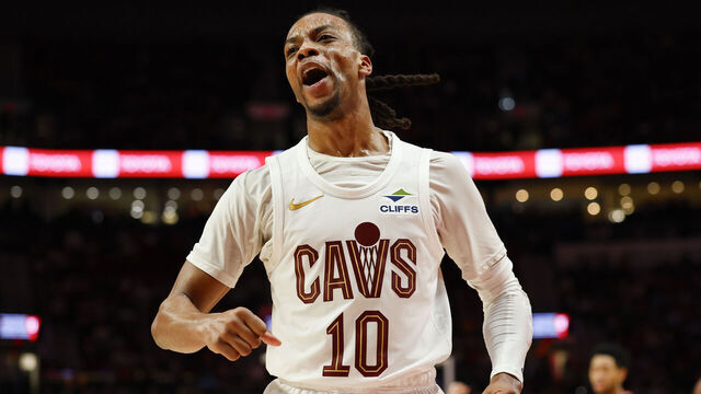 PORTLAND, OREGON - MARCH 25: Darius Garland #10 of the Cleveland Cavaliers reacts during the fourth quarter of the game against the Portland Trail Blazers at the Moda Center on March 25, 2025 in Portland, Oregon. The Cleveland Cavaliers won 122-111.