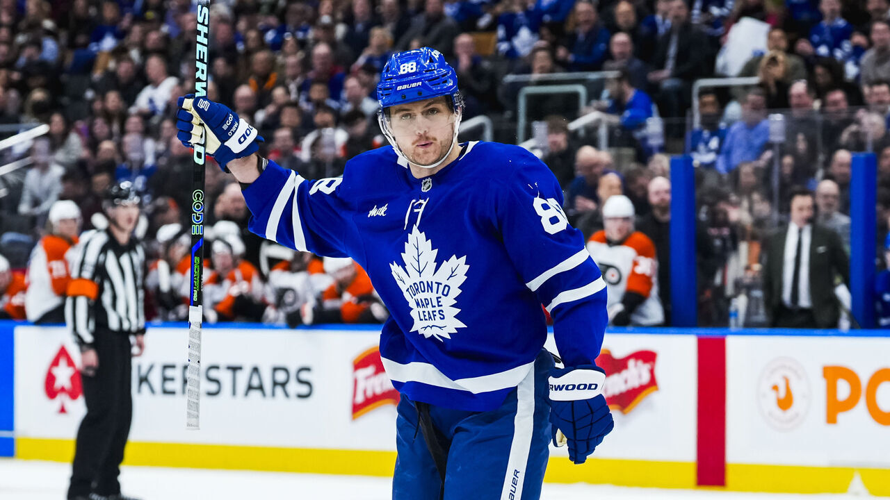 TORONTO, ON - MARCH 25: William Nylander #88 of the Toronto Maple Leafs celebrates scoring a goal against the Philadelphia Flyers during the second period at the Scotiabank Arena on March 25, 2025 in Toronto, Ontario, Canada.